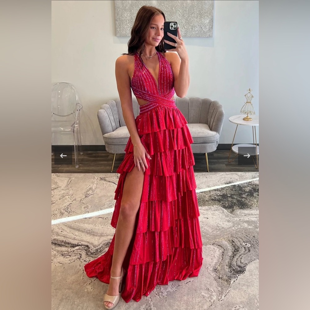 Beaded Red Tiered Prom Evening Dress with Leg Slit